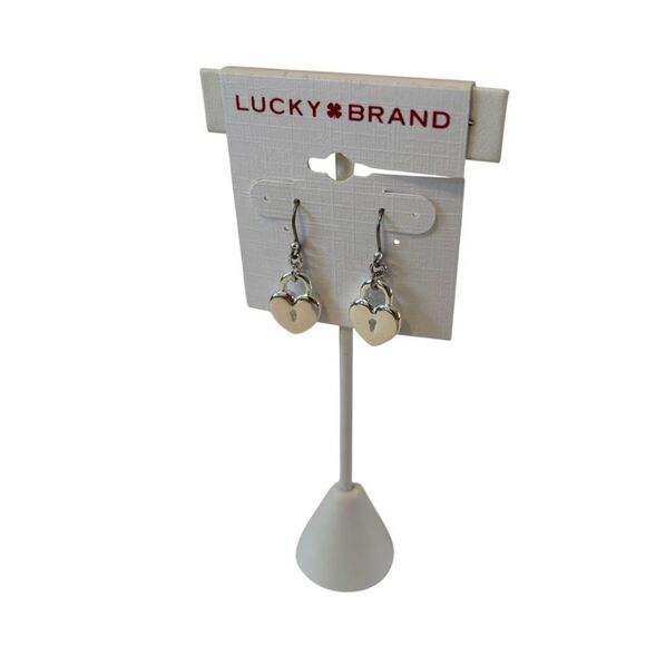 Bright Silvertoned Heart Lock Dangle Earrings. - Picture 3 of 5